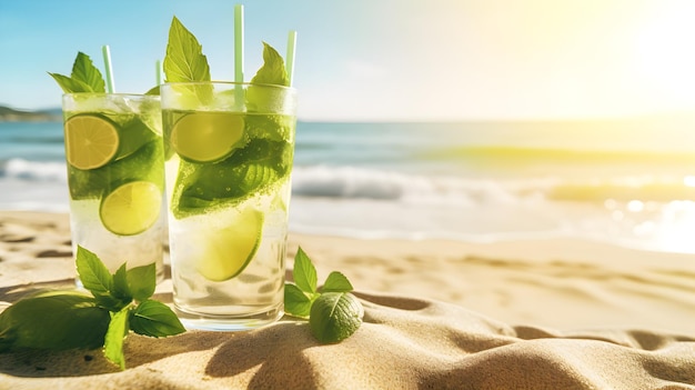 Cocktail d'été mojito avec du citron et de la menthe sur fond blanc