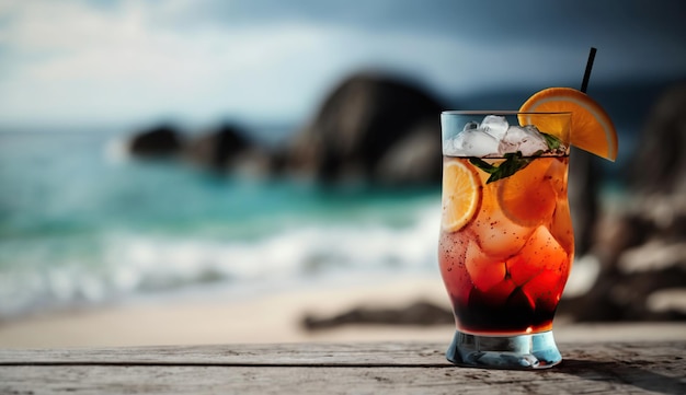 Cocktail d'été avec plage floue sur fond noir vide sur le côté Ai générative
