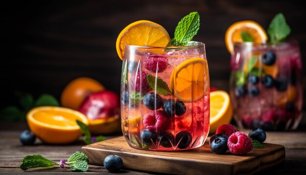 Cocktail d'été rafraîchissant avec des baies fraîches et des agrumes sur une table rustique générée par l'IA