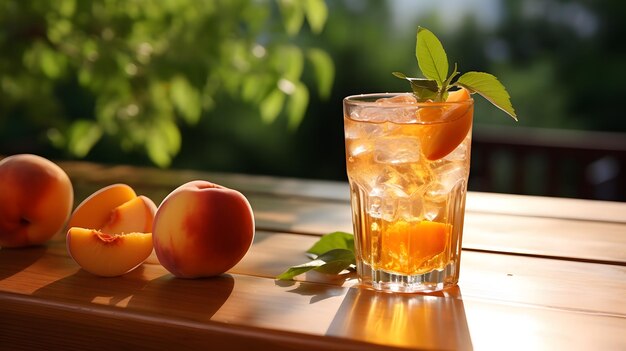 Cocktail d'été rafraîchissant avec de la glace et des pêches sur une table en bois à l'extérieur