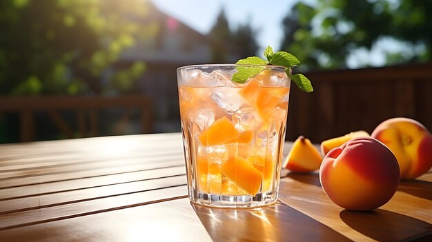 Cocktail d'été rafraîchissant avec de la glace et des pêches sur une table en bois à l'extérieur