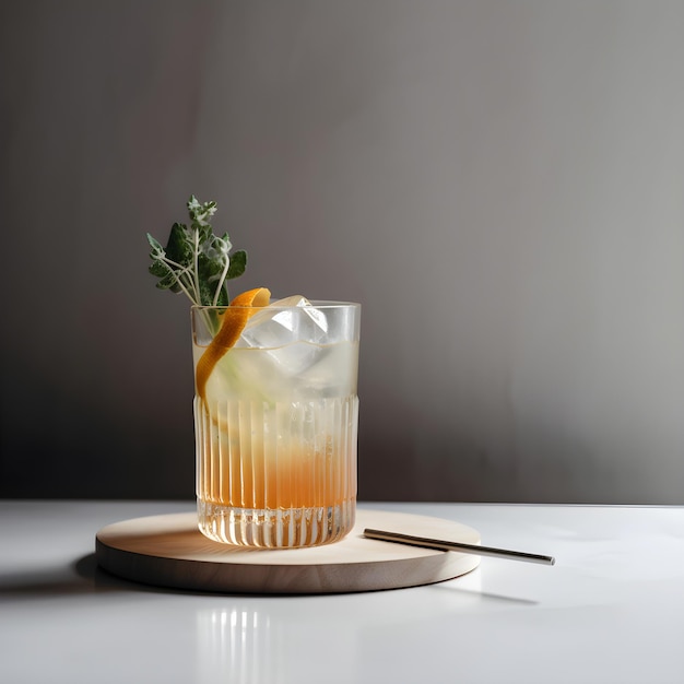 Cocktail d'été rafraîchissant avec purée de fruits et whisky sur IA générative minimaliste grise