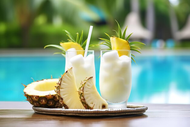 Cocktail exotique à l'ananas et à la noix de coco au bord de la piscine