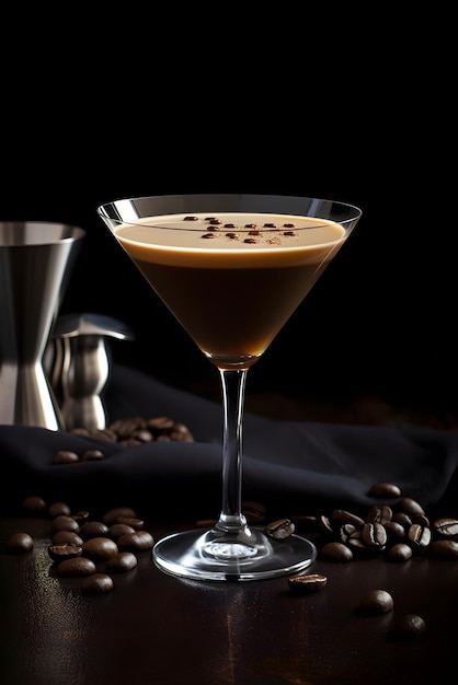 Cocktail expresso martini avec grains de café sur fond noir Apéritif sur fond sombre AI généré