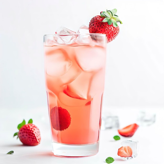 Cocktail de fraises fraîches cocktail d'été rose avec des fraises et des cubes de glace sur fond blanc