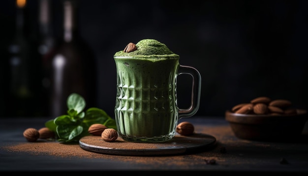 Un cocktail de fruits bio rafraîchissant sur une table en bois rustique généré par l'IA