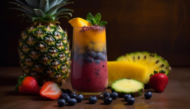 Cocktail de fruits biologiques sur une table en bois un délice d'été rafraîchissant généré par l'IA