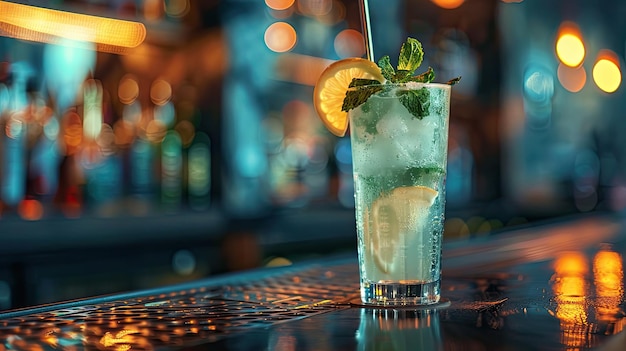 Cocktail de fruits d'été à rotation Limonade fraîche rafraîchissante au citron vert ou cocktail mojito avec des cubes de glace et des feuilles de menthe fraîches