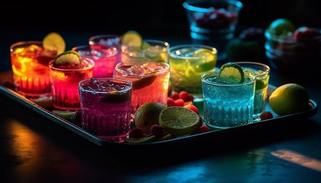 Cocktail de fruits frais sur une table en bois dans un bar nocturne animé généré par l'intelligence artificielle