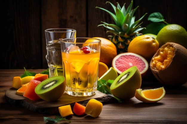Un cocktail de fruits et légumes sur une table en bois