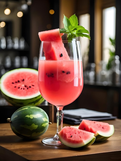 Un cocktail de fruits de pastèque avec un verre de vin en cristal