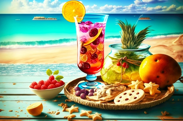 Cocktail de fruits tropicaux frais et collations sur la plage avec vue sur la mer