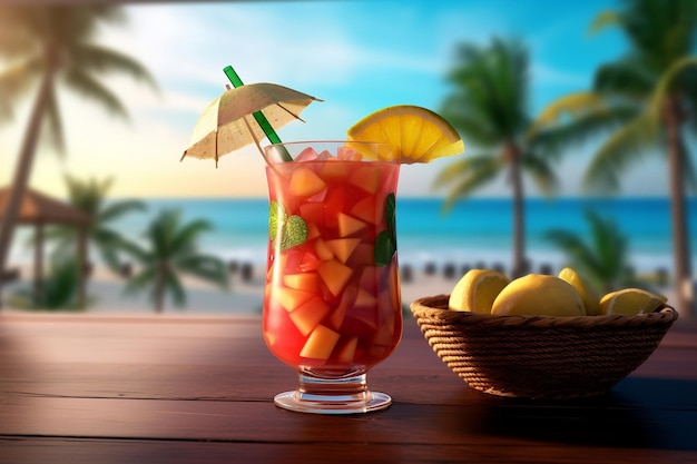 Cocktail de fruits tropicaux Paradis de plage avec des palmiers IA générative