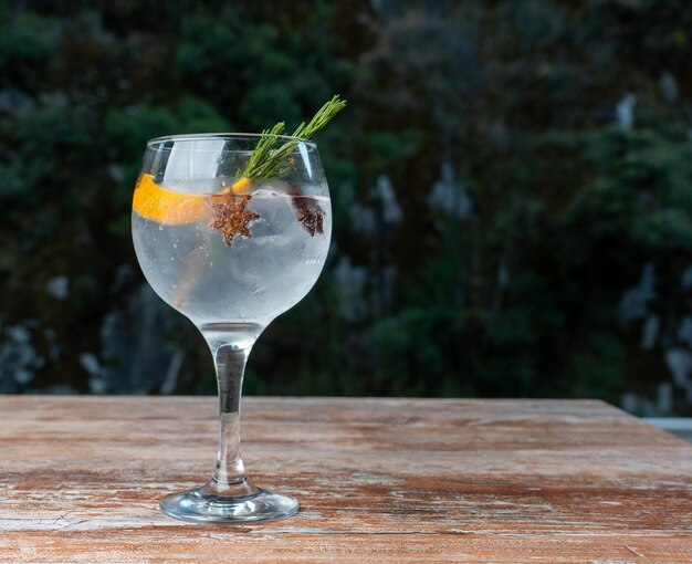 Cocktail gin tonic dans une tasse en verre.