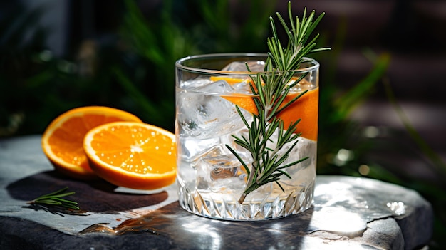 cocktail gin tonic avec glace romarin et orange dans un