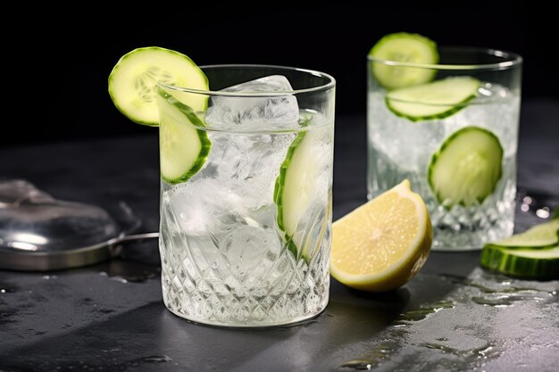 Un cocktail gin tonic avec une tranche de concombre