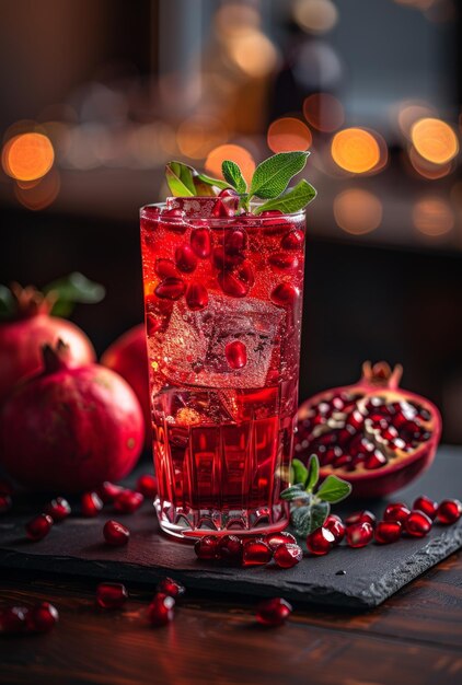 Cocktail de grenade avec de la glace sur une table en bois