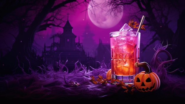 Le cocktail d'Halloween, la grande lune, la vente de violettes à l'arrière-plan.