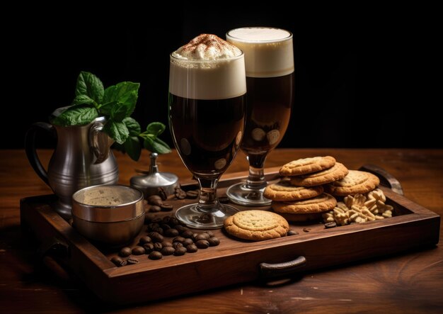 Photo un cocktail irish coffee servi sur un plateau en bois avec une sélection de biscuits sablés irlandais