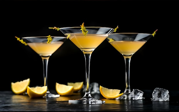 Cocktail jaune dans des verres à martini isolés sur noir