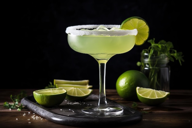 Cocktail Margarita au citron et à la menthe sur un fond sombre