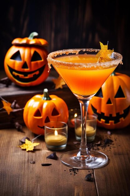 Photo cocktail margarita de citrouille d'automne avec décor d'halloween sur une table en bois.