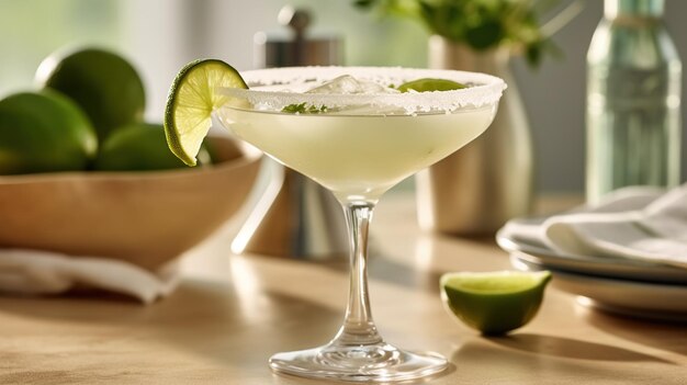 Cocktail de margarita génératif AI sur la table dans la cuisine blanche avec de la chaux boisson alcoolisée