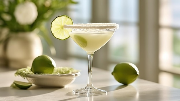 Cocktail de margarita génératif AI sur la table dans la cuisine blanche avec de la chaux boisson alcoolisée