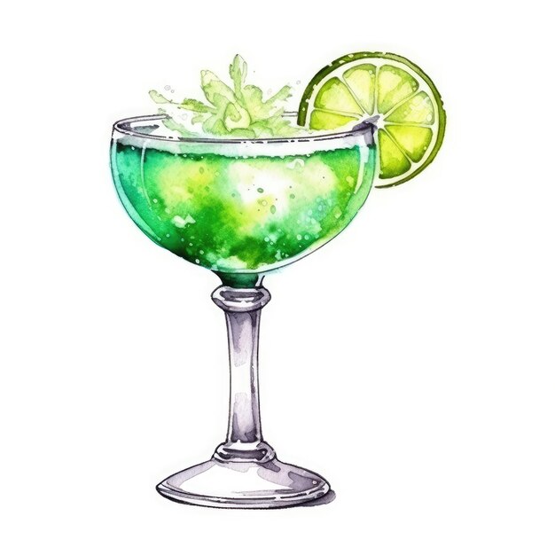 Cocktail Margarita isolé sur blanc dessiné avec AI générative aquarelle