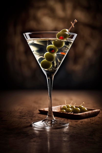 Cocktail martini glacé sur un long bar avec des olives Generative AI