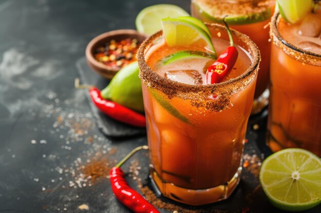 Cocktail mexicain épicé Bloody Mary garni de citron vert et de coriandre