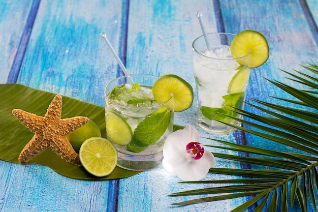 Cocktail De Mojito Cubain à Fleurs De Bois Bleu