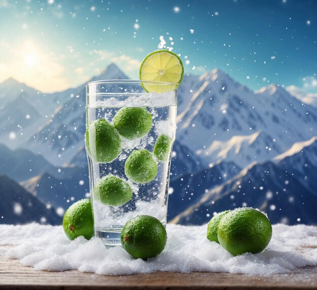 Cocktail Mojito dans un verre avec de la neige glacée et des montagnes en arrière-plan