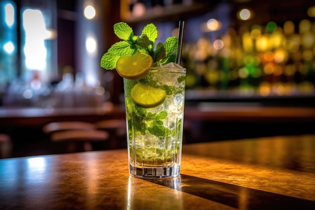 Cocktail Mojito avec du citron vert et de la menthe dans un verre de verre sur une table dans un café généré par l'IA