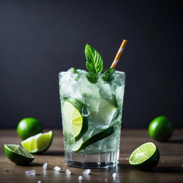 cocktail mojito avec du citron vert sur une table en bois