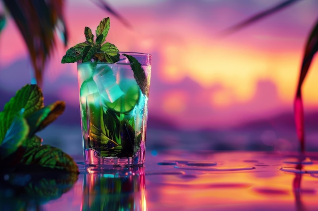 Cocktail Mojito sur fond de néon Mente Mocktail tropical Cocktail frais de fête de plage