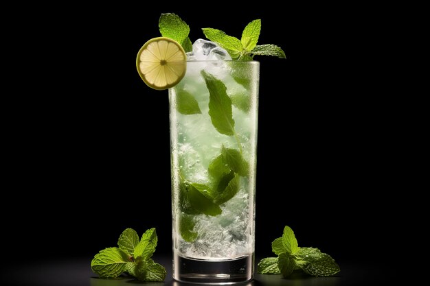 Photo cocktail mojito frais illuminé sur un fond noir profond