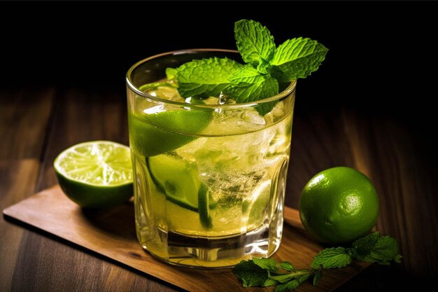 Cocktail mojito avec de la menthe au citron et de la glace sur fond bleu