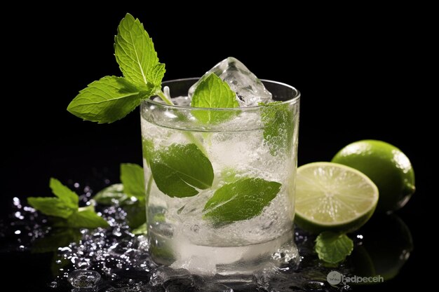 Cocktail mojito à la menthe étincelante avec des tranches de citron vert vibrantes et de la paille isolée sur un fond blanc