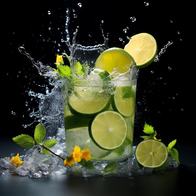 Un cocktail mojito avec de la menthe et de la glace sur fond noir.