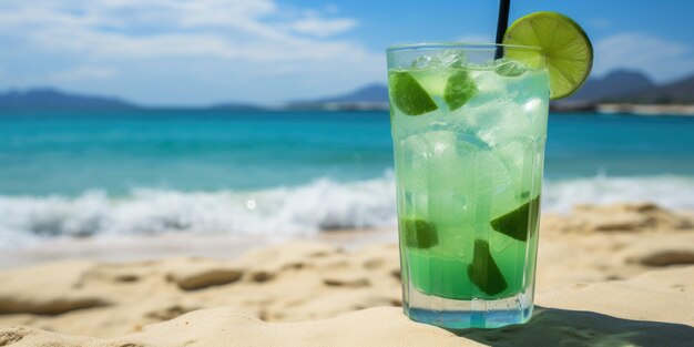 Cocktail Mojito sur la plage Cocktail vert avec de la glace Photo de haute qualité IA générative