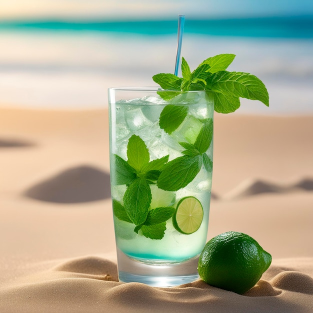 un cocktail mojito se trouve sur le sable de la plage