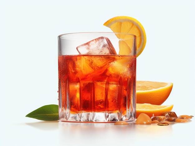 Cocktail Negroni en verre de cristal avec des glaçons et une tranche d'orange sur fond blanc