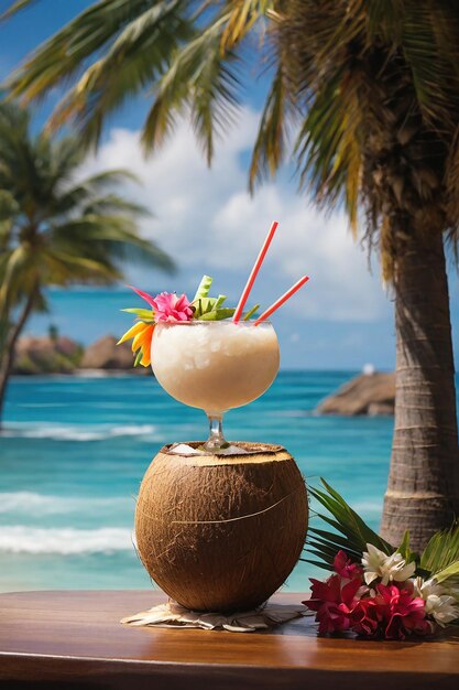 Cocktail de noix de coco sur une plage tropicale avec des palmiers et des fleurs