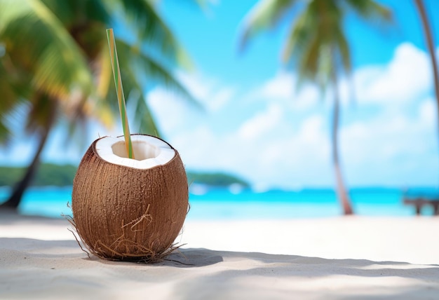 Cocktail de noix de coco sur une plage tropicale