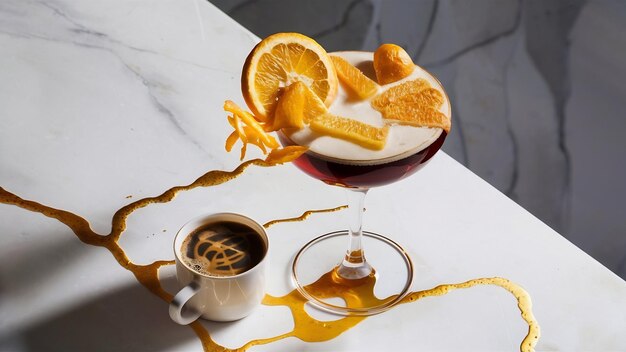 Cocktail d'orange et de café sur la surface blanche