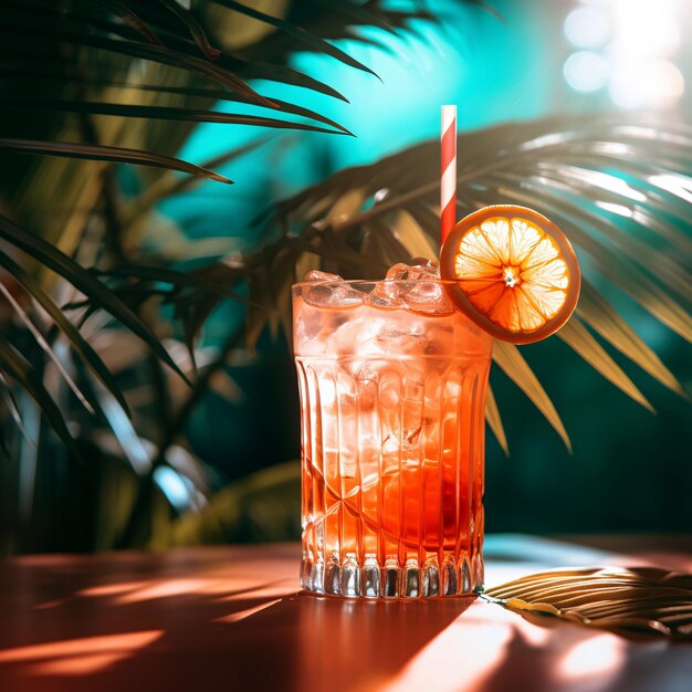 Cocktail orange avec des cubes de glace et un arrière-plan de palmier généré par l'IA