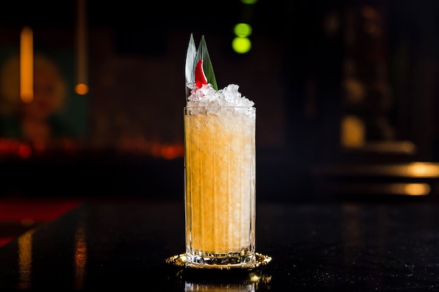 Un cocktail à l'orange dans un verre highball Collins sur glace pilée, garni de feuilles de bananier et de poivron rouge
