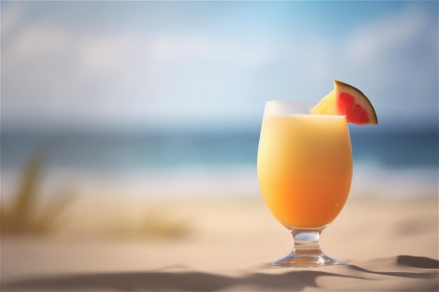 Cocktail orange juteux frais sur fond de plage mer vacances d'été avec ses boissons rafraîchissantes