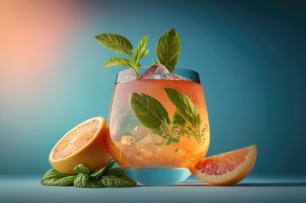 Cocktail de pamplemousse d'été Boisson de pamplemousse fraîche et saine avec des herbes sur la lumière du soleil avec des ombres dures Génération AI